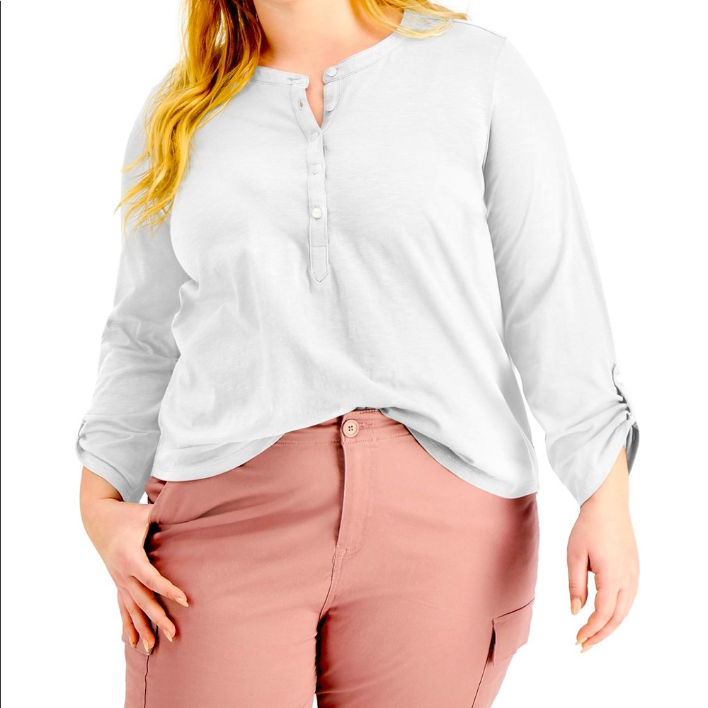 Style & Co Plus Size Cotton Roll Tab Henley Top Sz 3X NWT